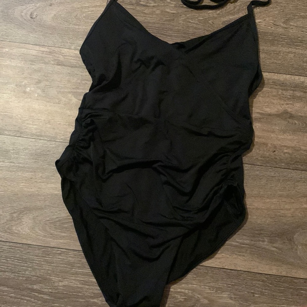 One piece black cross-over swim suit